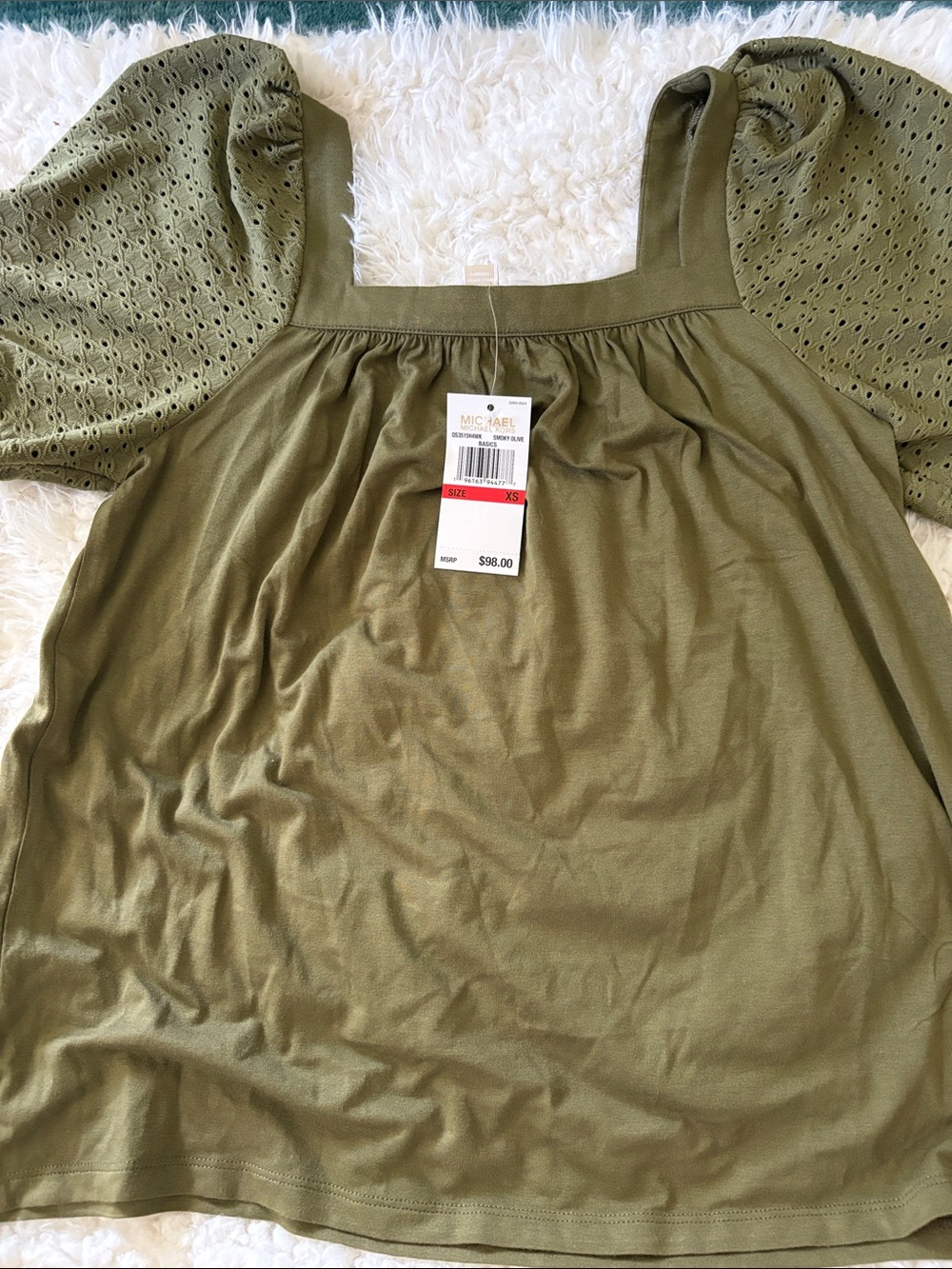 MICHAEL KORS Olive Eyelet Puff-Sleeve Square Neck Top